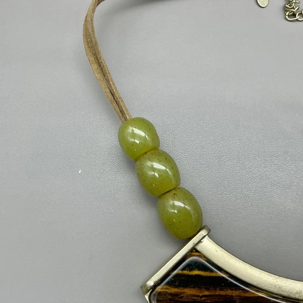 Chico's Necklace Green Brown Bib Statement Faux Suede Gold Tone Teardrop Boho